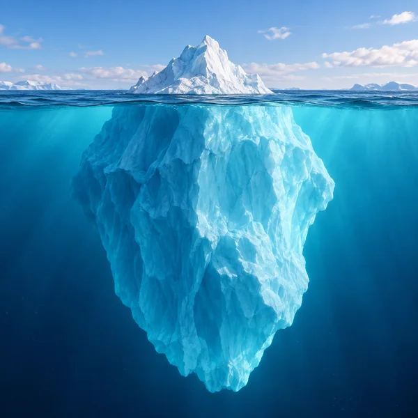 Illustration of an iceberg with most of its volume below the waterline