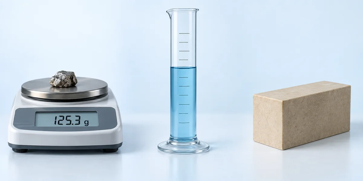 A balance measuring 125.3 grams, a measuring cylinder containing water, and a rectangular solid block